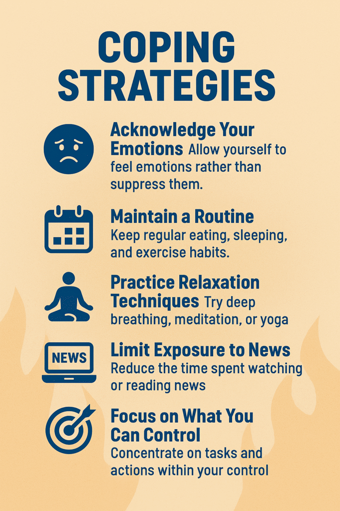 infographic of coping strategies to use for mental and emotional health during a wildfire.
