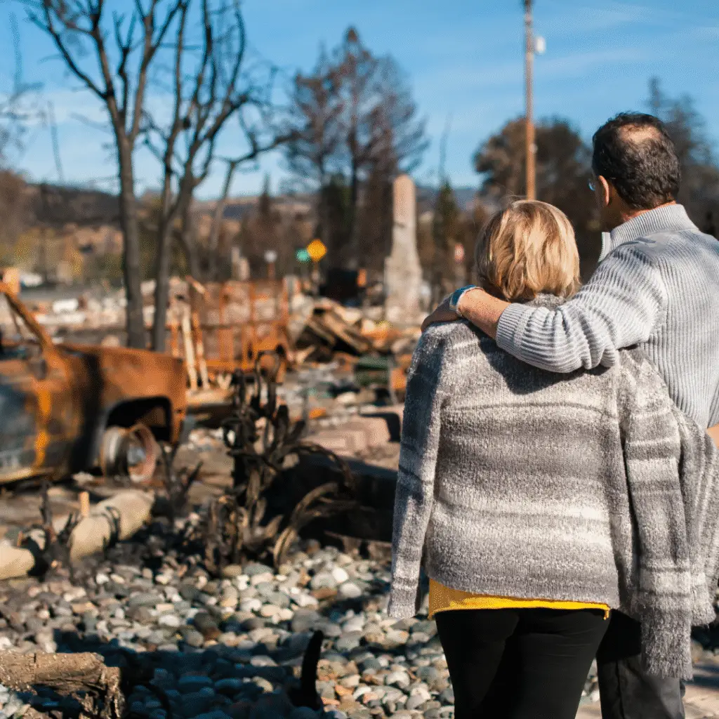 Image of the back of a couple with their arms around each other while looking at their burnt down house after a wildfire.