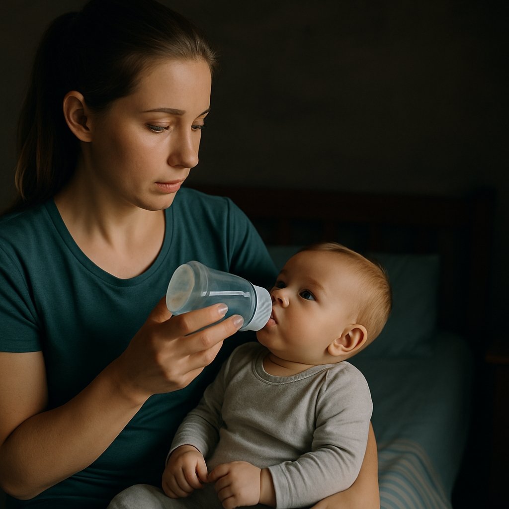 Image of a mom giving her baby a bottle of water in the Hope Force article about emergency preparedness water.