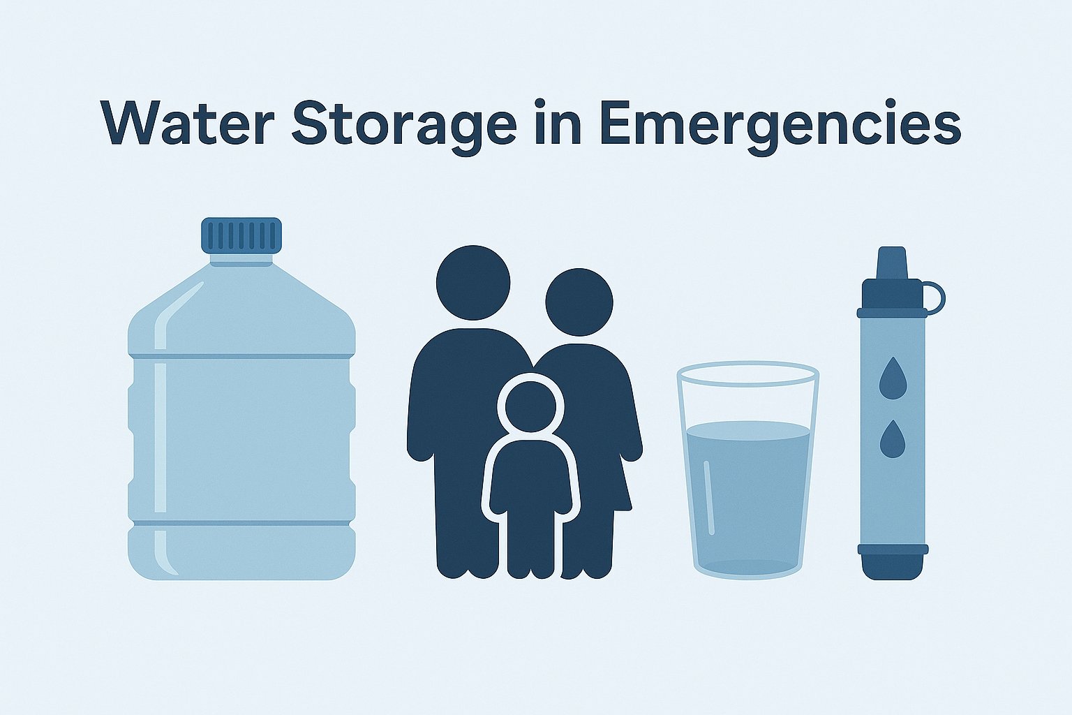 Emergency preparedness water infographic featuring a 5 gallone jug of water, a family, a cup of water, and a water purifier.